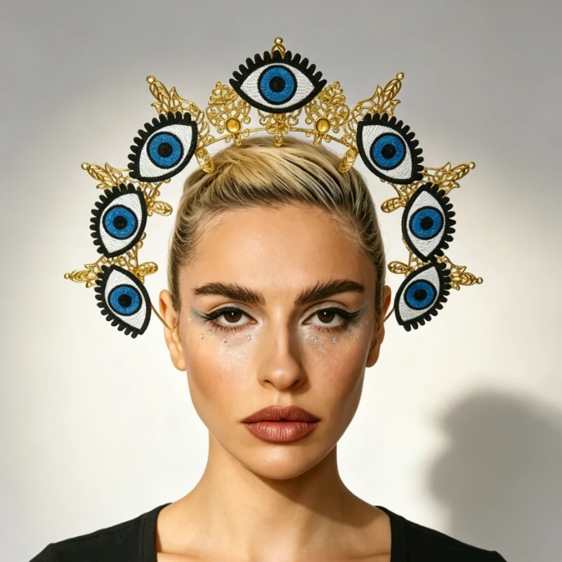 Gothic Evil Eye Halo Crown Headband Gold Metal Ring with Embroidered Blue Eyes Festival Rave Costume Accessory for EDM Party Pho