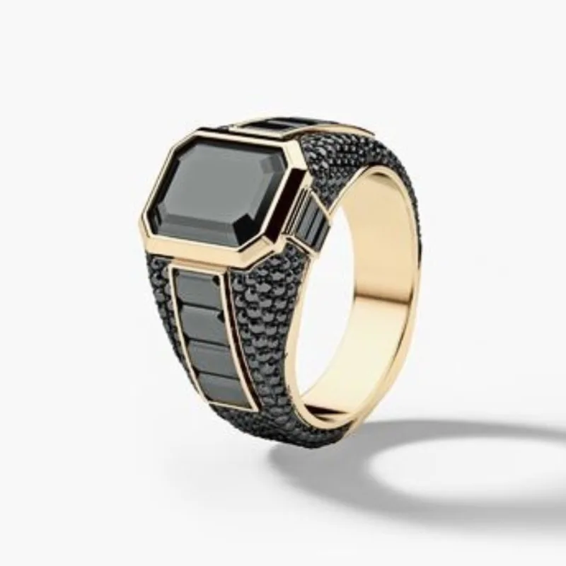 Huajie Men's Powerful Feel Black Square Zircon Inlay Rings Light Luxury Gold Color Unique Temperament for Men Jewelry Tide