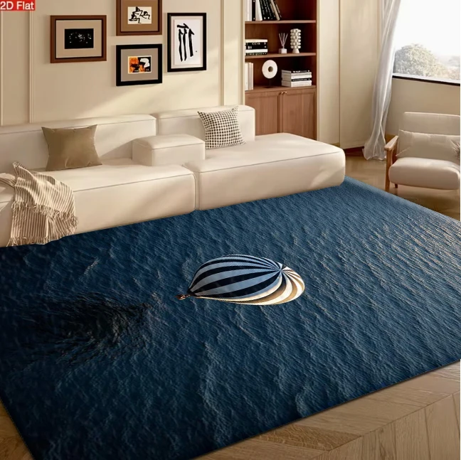 Black White Striped Hot Air Balloon Ocean Carpet Flooring, Seascape Nature Non-Slip Area Rug for Living Room Bedroom Home Decor