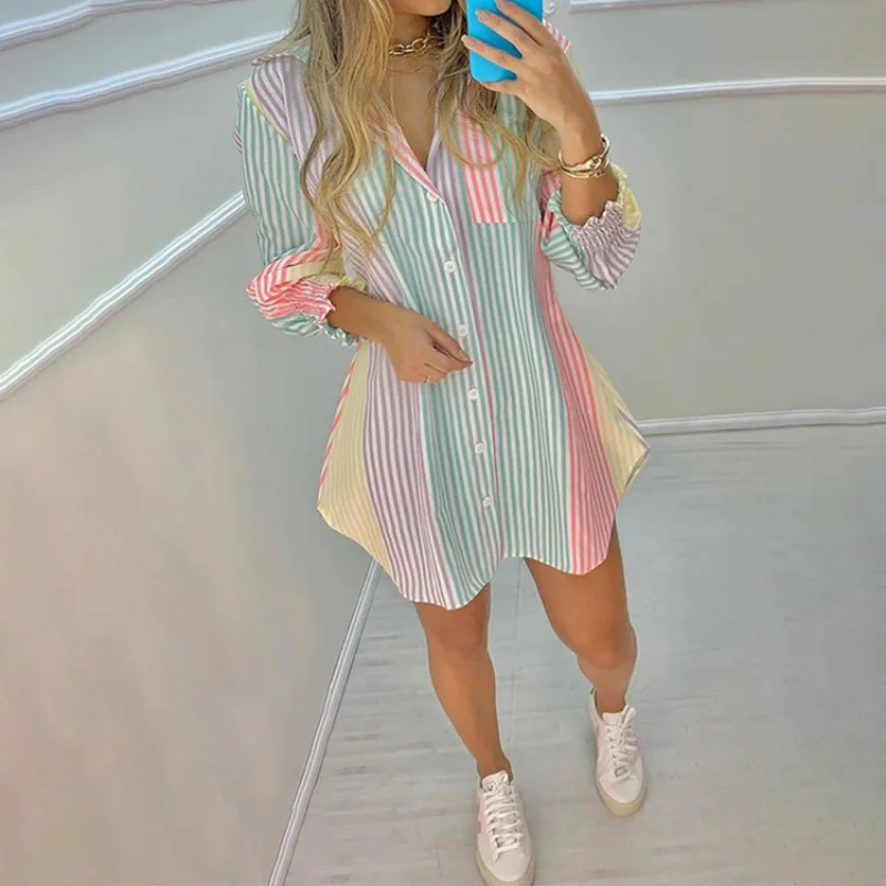 New Women's Spring Summer Printed Long Sleeve Lapel Casual Shirt Dress Ladies Single-breasted Cardigan Irregular Mini Dress 2023