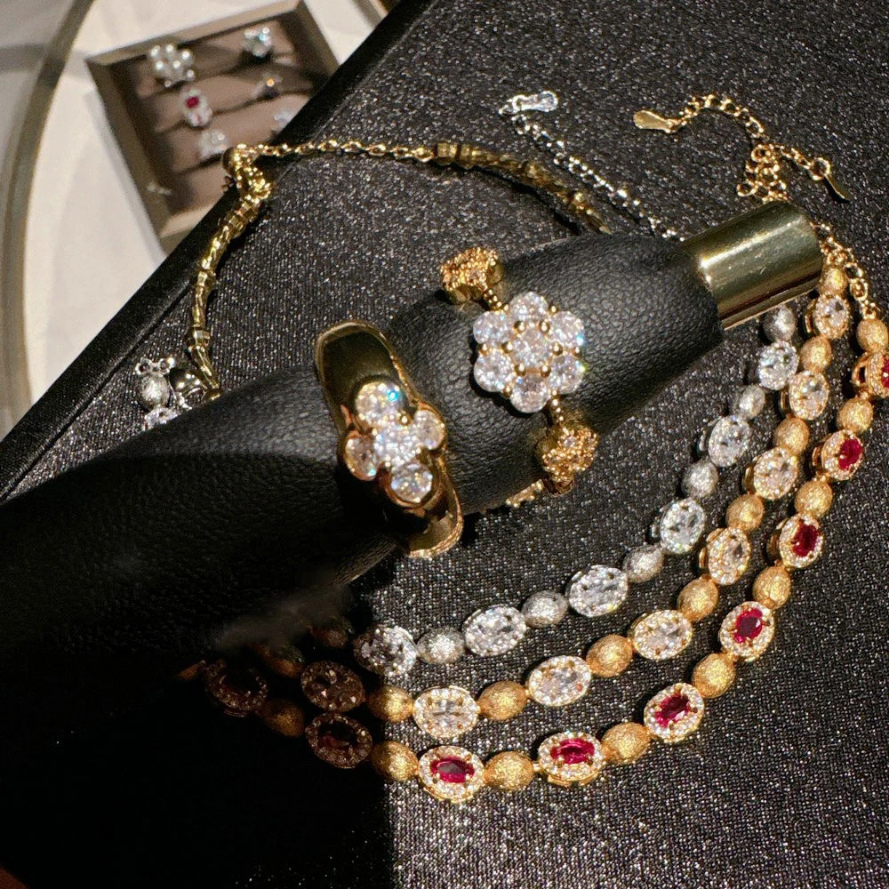 Vintage zircon colored gems red gem brushed bracelet luxury hand chain for women