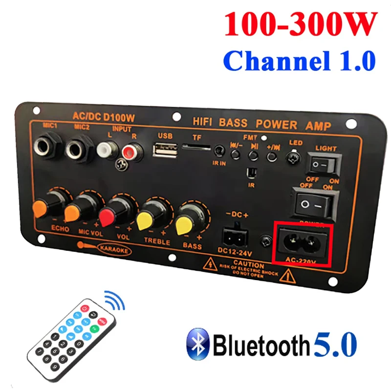 

D100 Audio Amplifier Board 100W-300W Support Dual Microphone Bluetooth Amplificatore Subwoof for 4Ohm Speaker 12V 24V 110V 220V