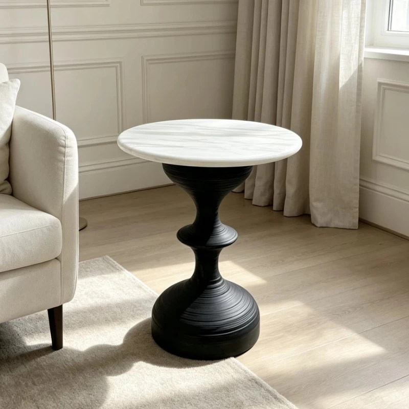 Sculpture side table solid wood base white natural marble countertop suitable for hotel living room