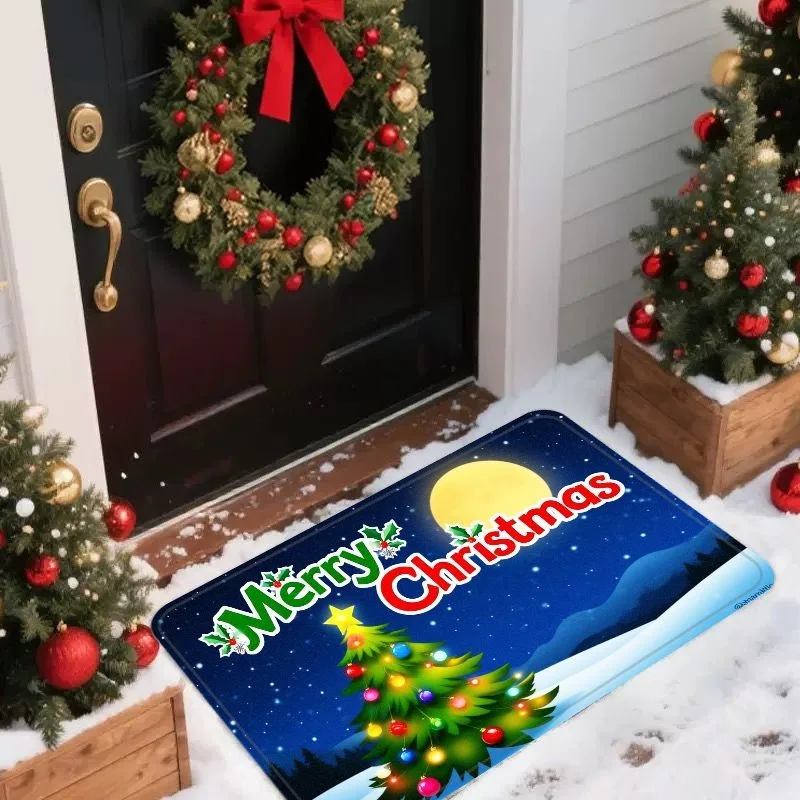 VIKAMA Typographic & Christmas Tree Flannel Door Mat, Non-Slip Machine Washable, Decor for Front Door Entryway Kitchen Bedroom