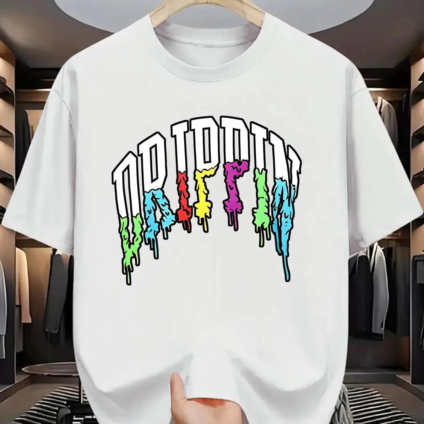 Men Hip‑hop DRIPPIN Rainbow Drip Effect Arc Letter Graphic Front‑print White Loose Short‑sleeve T‑Shirt Y2K Street‑style Unisex