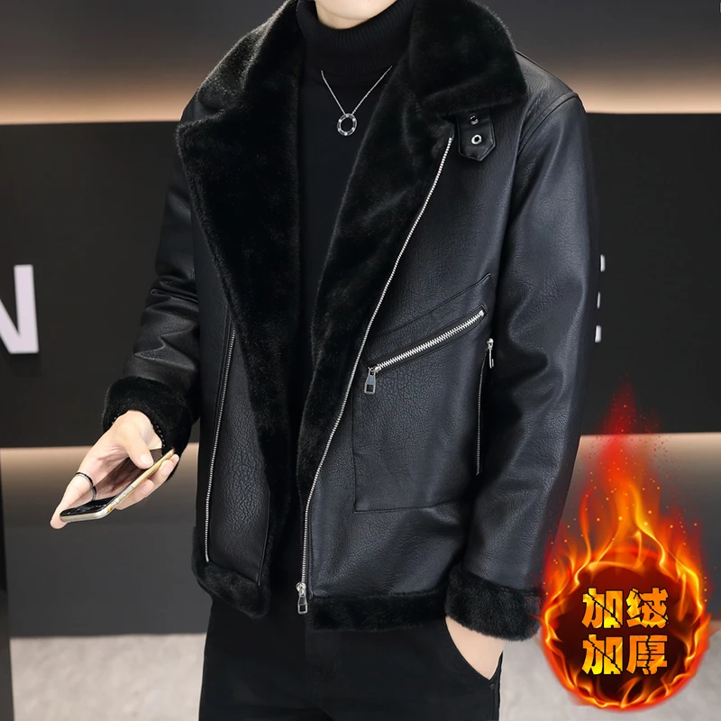 Winter Velvet Thickened PU Leather Jacket Fashion Fur Integrated Leather Jacket Loose Motorcycle Jackets Streetwear Social Coats