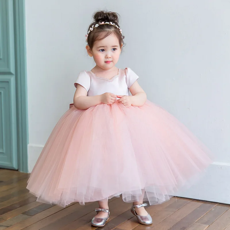 

It's Yiiya Customized Flower Girl Dress Pink Satin Tulle Sqaure Collar Short Sleeves Zipper A-line Floor Length Kids Gown T149