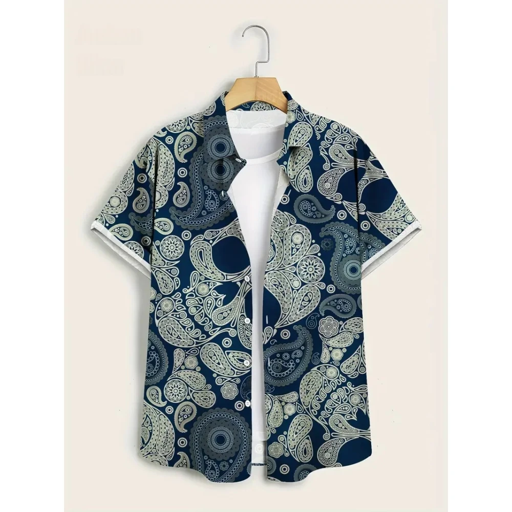 Summer Men's Tribal Totem Short Sleeve Shirt Men's Retro Fashion Oversized Button Short Sleeve T Shirt Hawaii Male Tees Tops