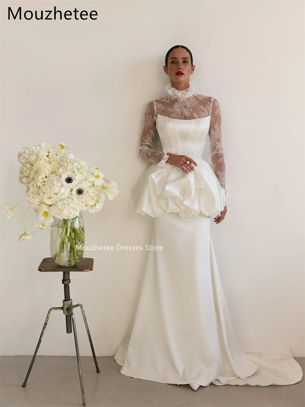 Mouzhetee Mermaid Elegant Mermaid O-Neck Lace Wedding Dresses Simple Long Sleeve Brides Gown Custom Made 2026