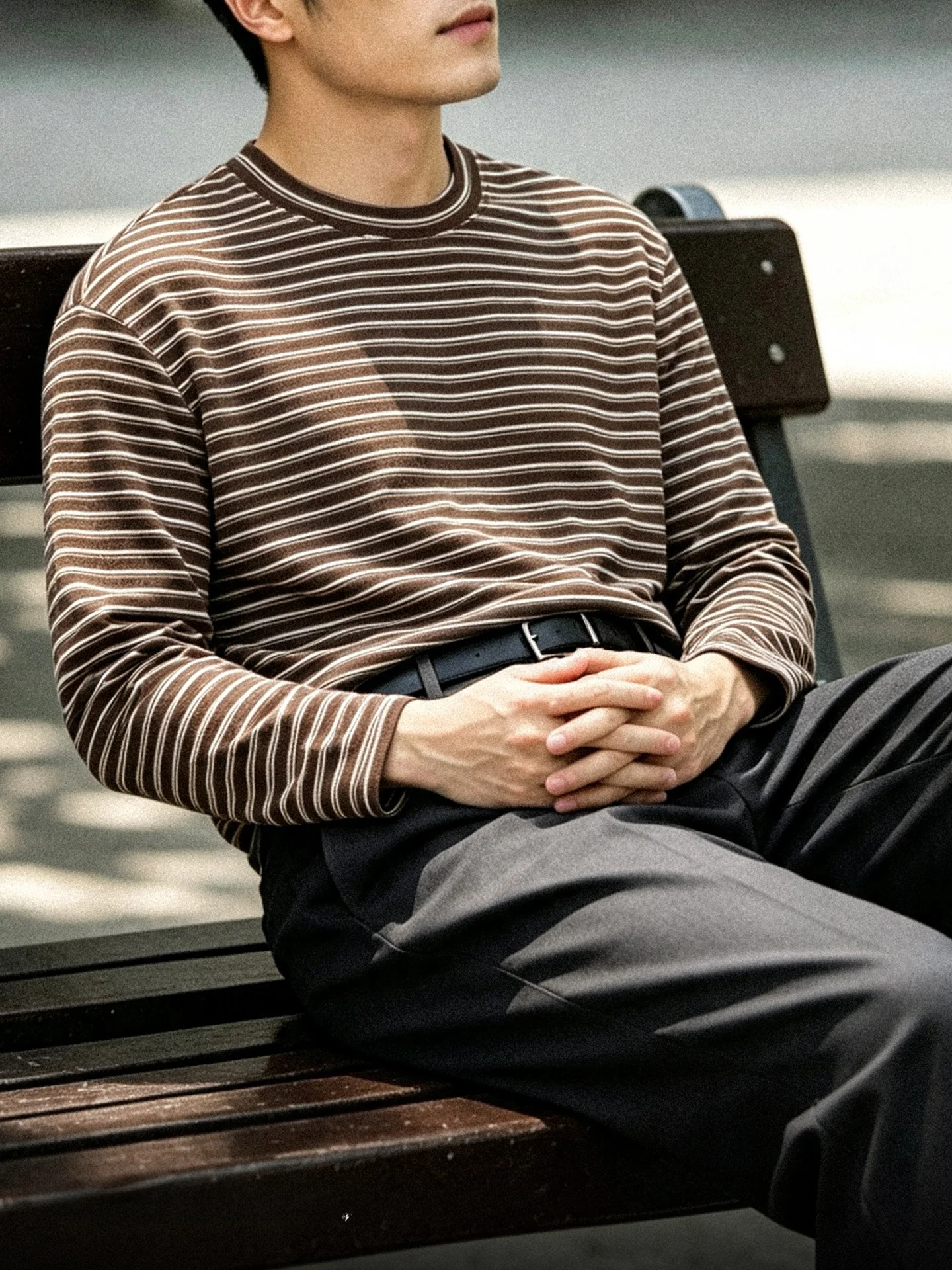 Loose Fit Long Sleeve T-Shirt Men's Casual round Neck Striped Base Layer Shirt Autumn New Style Youth Popular Polyester Fiber