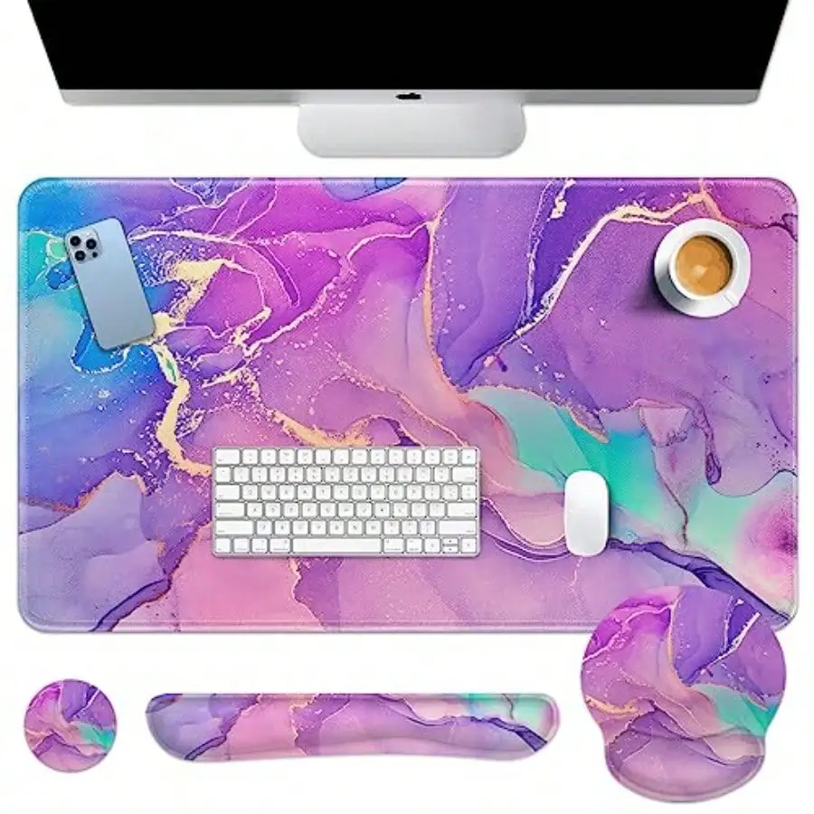 Purple Blue Marble Desk Mat Painting Golden Mouse Pad Set with Wrist Support 4-in-1 Large Mousepad+Keyboard Wrist Rest+Mouse