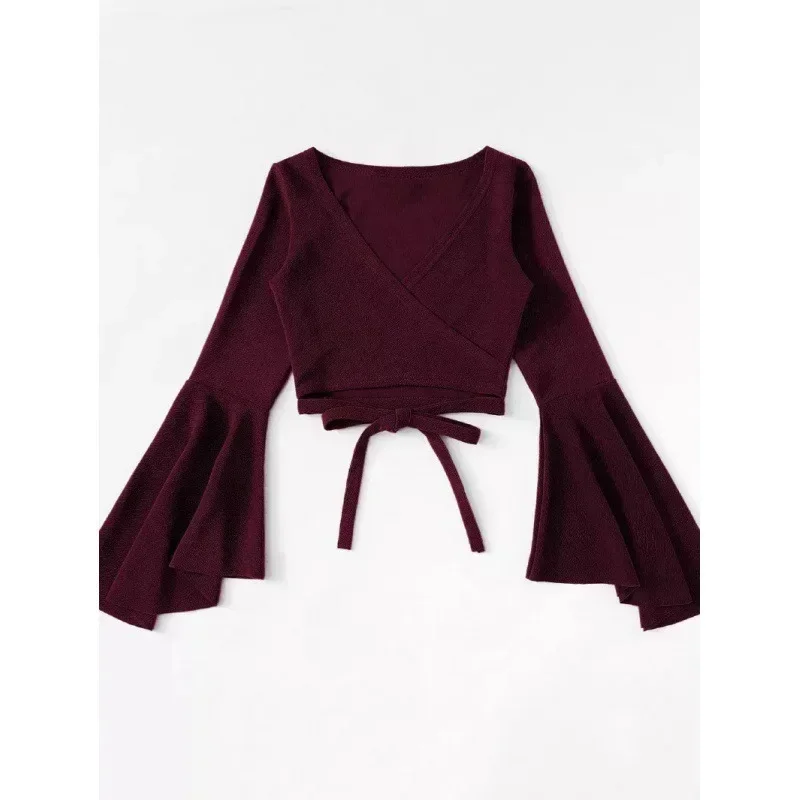 

Chic Sexy Flare Long Sleeve Blouses Elegant Criss-cross Bandage Crop Top V Neck Vintage Fashion Tees Female Korean Summer Shirt