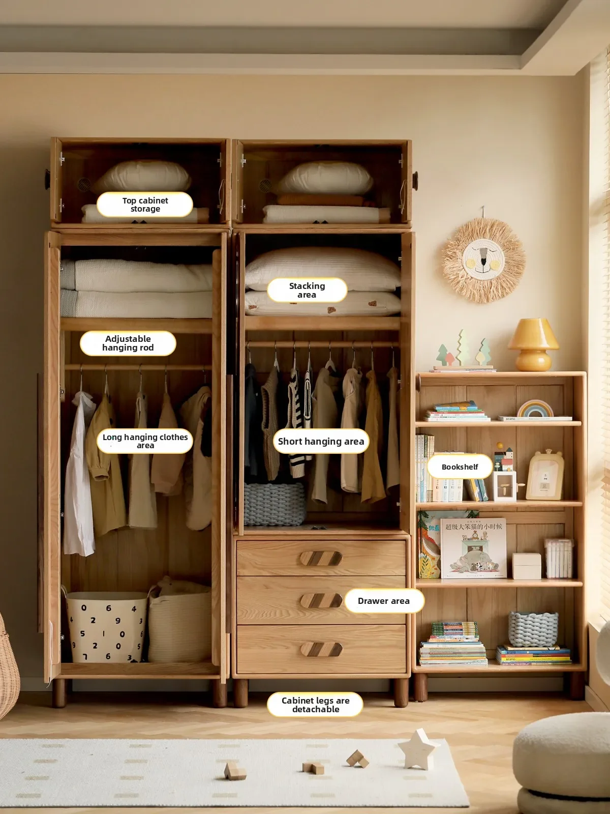 CX solid wood oak stacked combination cabinet bedroom wardrobe clothes storage cabinet