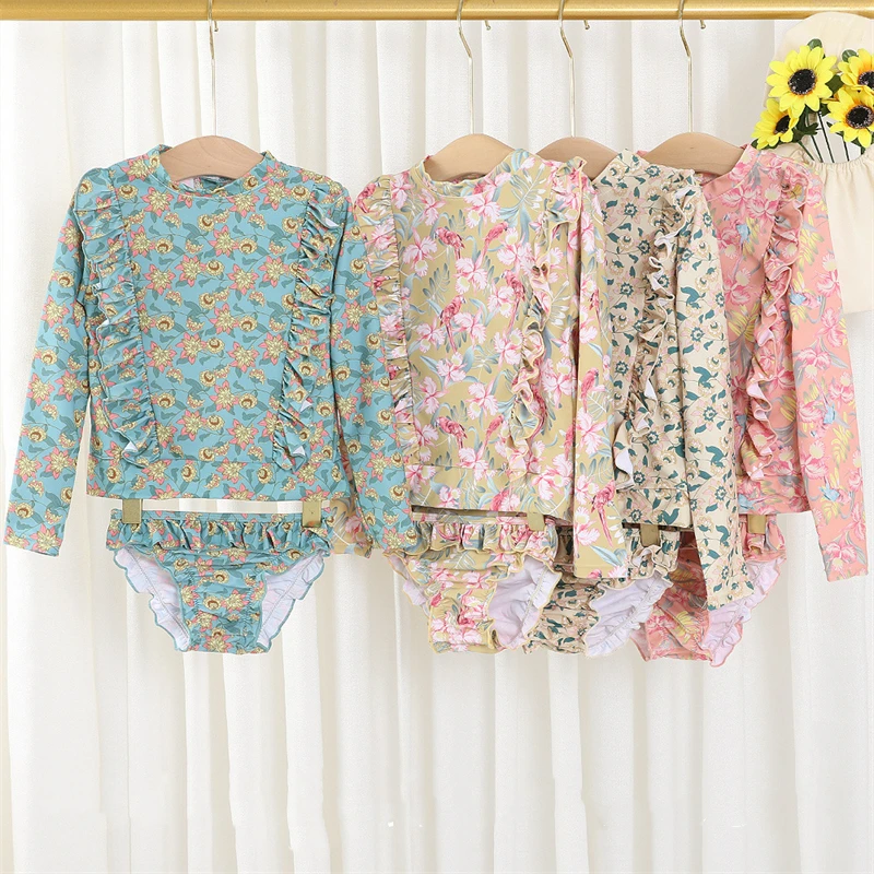 Baby Girls Swimwear Split Swimsuit Set for Girl Floral Print Ruffled Long Sleeve Top Shorts 2Pcs Suit Spring Summer Kids Clothes