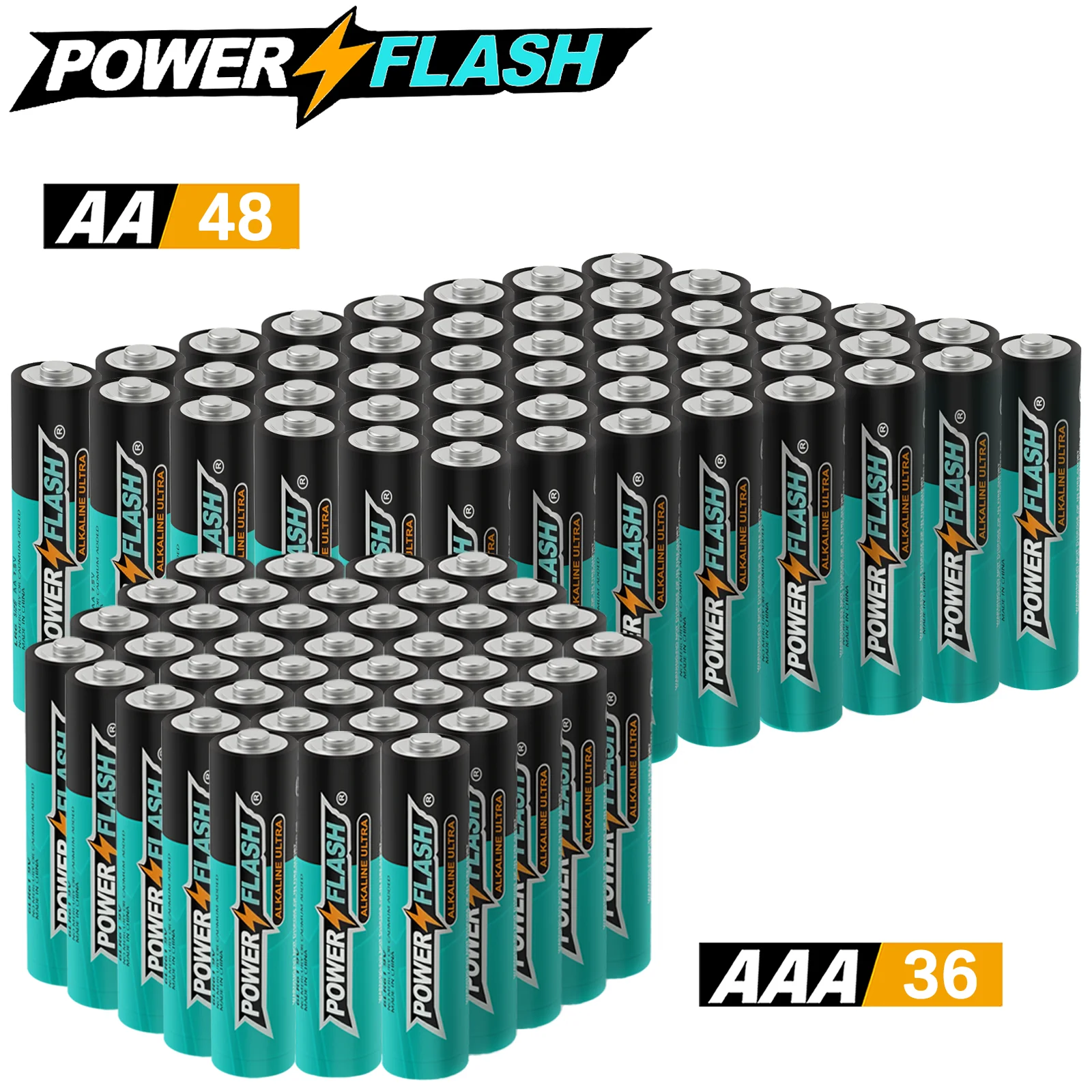 

Powerflash Aaa36 Aa48Pack Batteries Power, Leak-Resistant Design, 14-Year Freshness Guarantee, Alkaline Premium Batteries