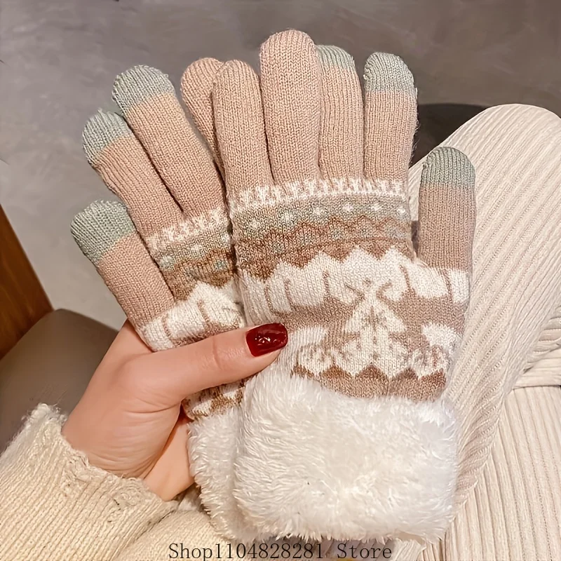 2025 Christmas Reindeer Jacquard Knit Gloves Plush Cuff Thick Warm Gloves Autumn Winter Soft Coldproof Touchscreen Gloves
