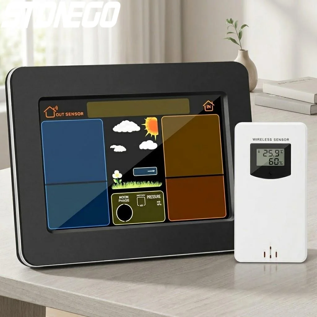 

Беспроводная метеостанция с цифровым термометром для помещений и улицы, цветным дисплеем, датчиком влажности и прогнозом погоды, часами