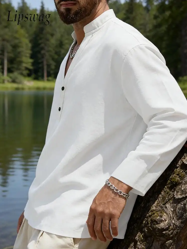 

Vintage Buttoned V Neck Linen Shirt Tops Men Spring Long Sleeve Loose Pullover Shirts Mens Casual Solid Color Stand Collar Shirt