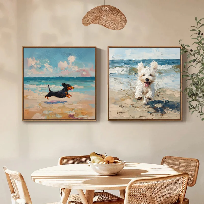 Watercolor Cute Dogs Playing on The Sand Beach Dachshund West Highland Animals Poster Canvas Painting Wall Pictures Home Decor
