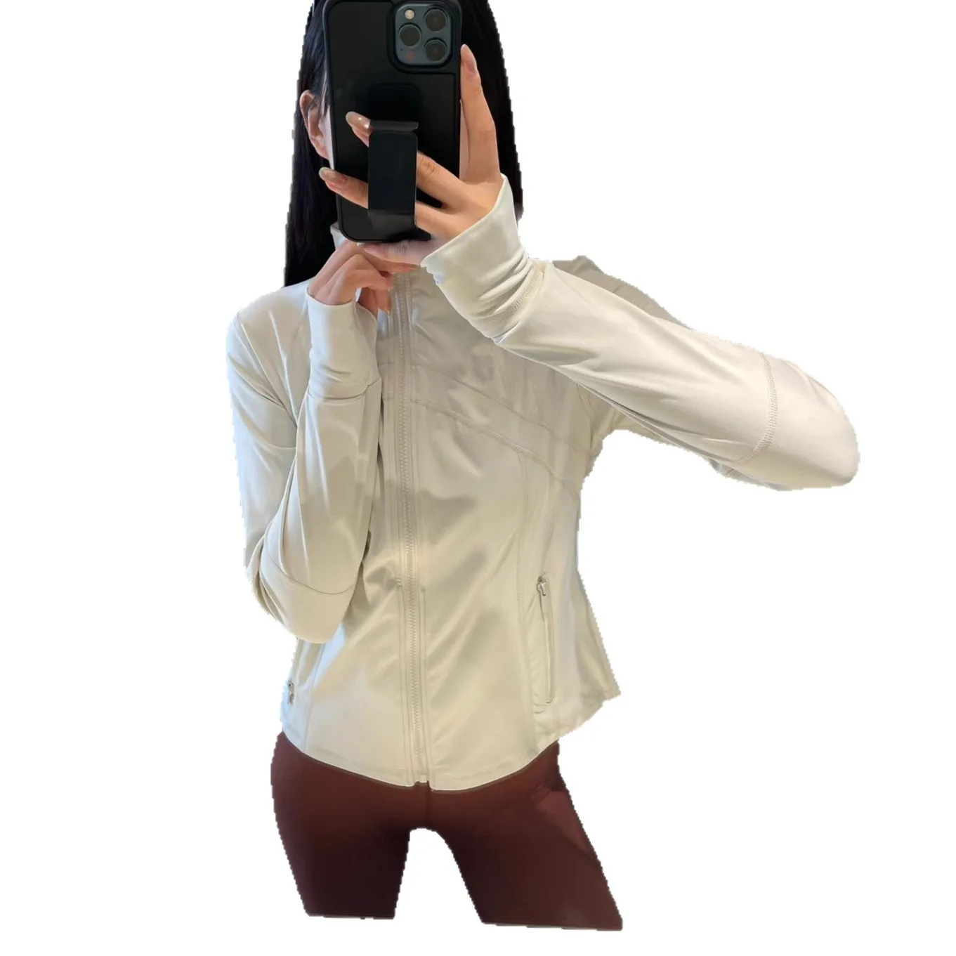 سترة رياضية نسائية من Lulu بقصة ضيقة وسحاب كاجوال يوميًا مرنًا مفتوحًا ملابس خارجية أنيقة للتنقل وأكمام طويلة