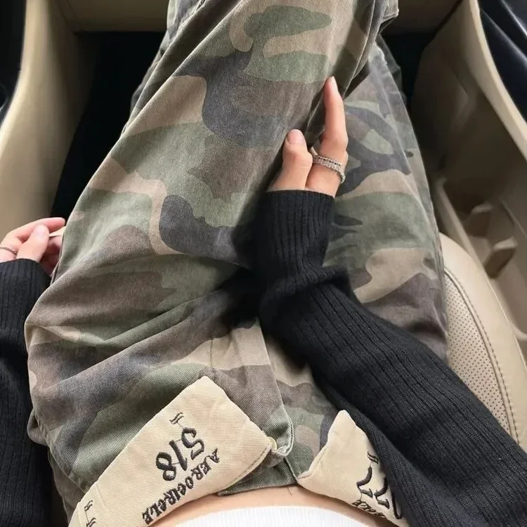 Zipper Fly Cargo Pants Vintage Denim Wide Leg Pants High Waist Spliced Jeans Women Clothing Pockets Loose Safari Style