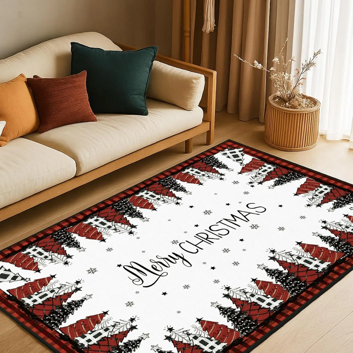 Merry Christmas Area Rug Christmas Living Room Carpet Red and Black Buffalo Plaid Kitchen Decor Non Slip Snowflake Washable Mat