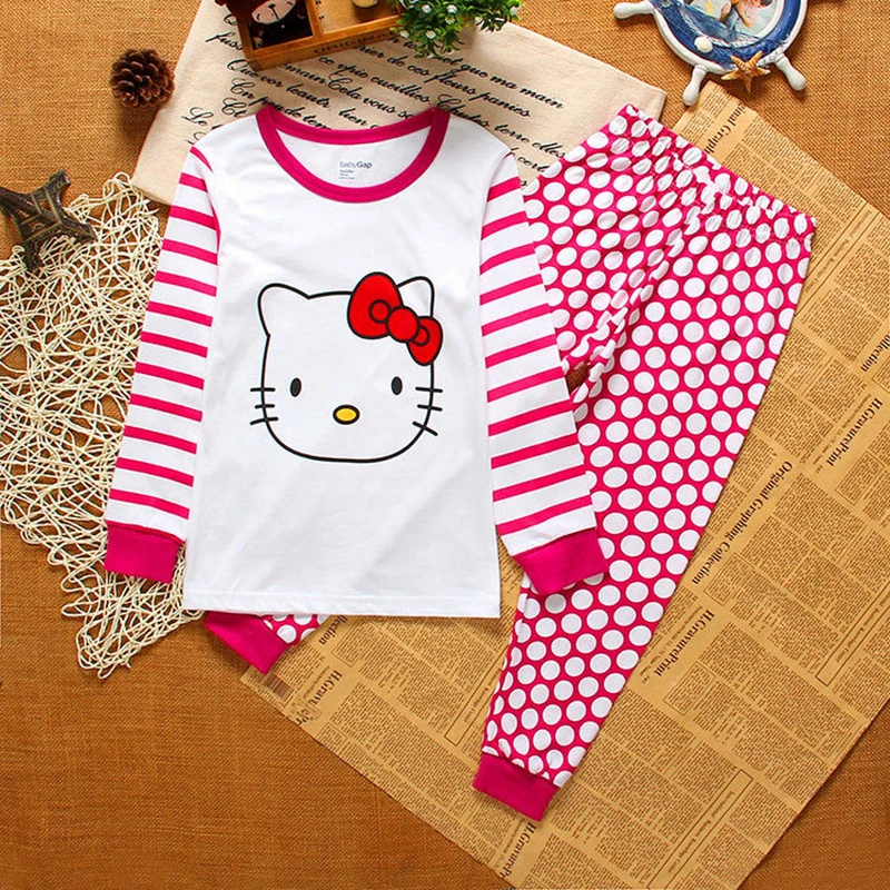 Baby Girls Pajamas Clothes Set Kids Cartoon Hello Kitty Long Sleeve Top+Pants 2pce Outfits Toddler Cotton Home Sleepwear Suits