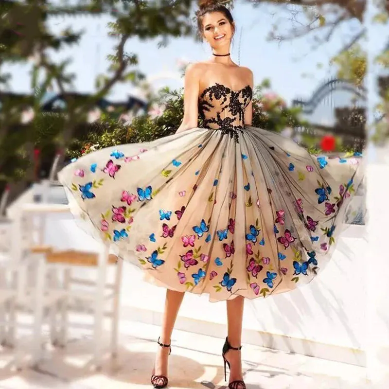 Customize Black and Champagne Tulle A-line Strapless 3D Butterfly Appliques Tea Length Homecoming Party Gown Formal Prom Dress