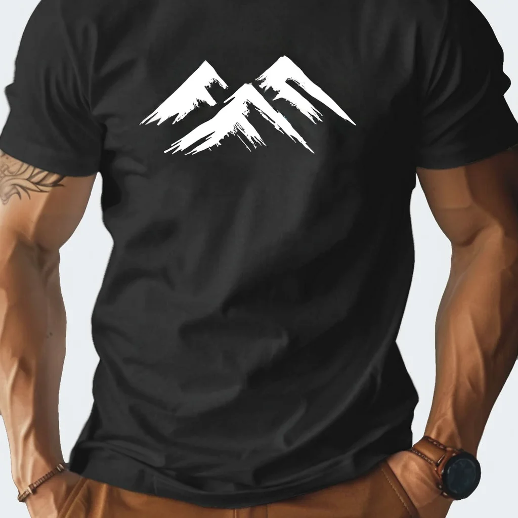 Men's Black T-Shirt with Minimalist Mountain Graphic Stylish Casual Short Sleeve Shirt Comfort Everyday Wear Outdoor Activities