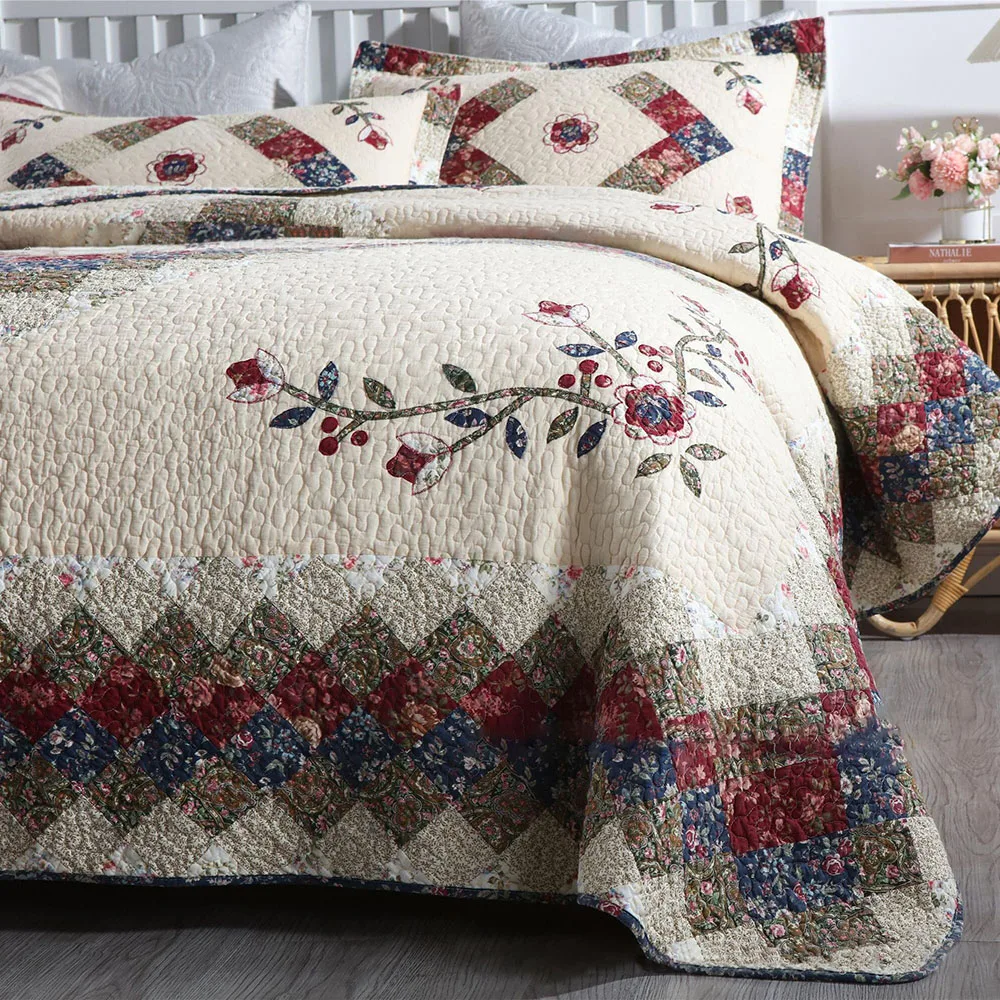Handmade Patchwork Quilt Set 3-Piece Washable Cotton Super King Queen Full Size Bedding Coverlet Bedspread for Home Decor