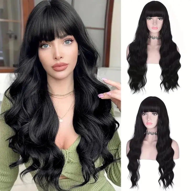 

Synthetic Wig For Women With Long Curly Hair, Airy Bangs, Fashionable Wig, Lightweight And Breathable Full Head Cover.