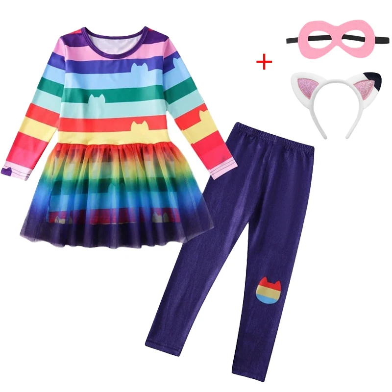 Spring Girls\' Clothing Gabby Doll House Cat Stripe Top Rainbow T-shirt Top Long Pants Set Children\'s Birthday Party Clothing Set