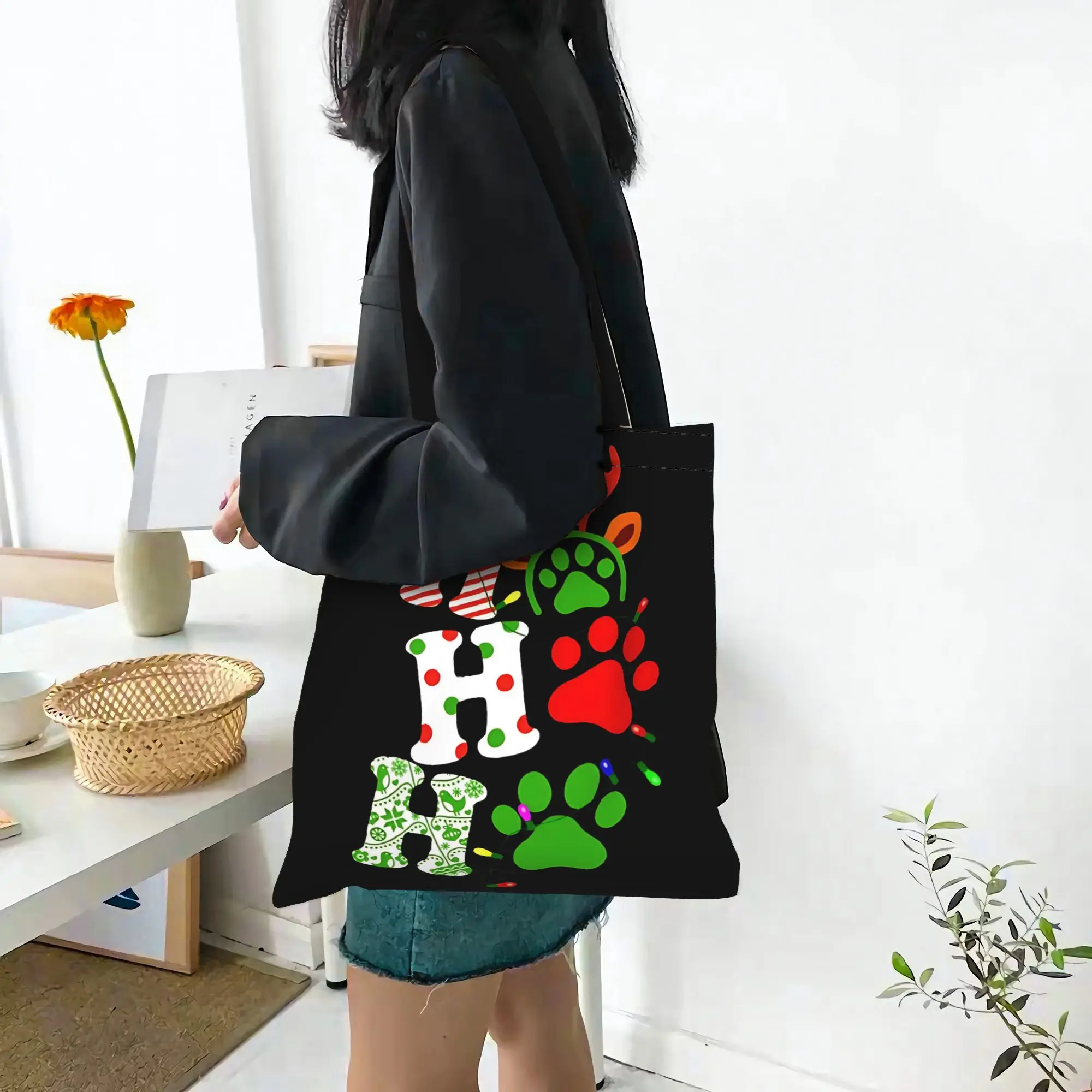Customized Ho Ho Ho Christmas Paw Dog Women's Bag Campus Handbag Large Capacity  Canvas Tote Bag Foldable Chic Pattern