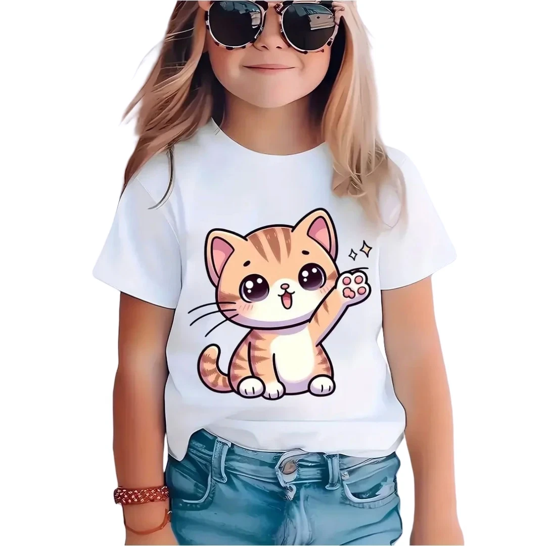 

2026 new Cartoon Cat Girl T-Shirt Short Sleeve Top Clothes Round Neck Top Fashion Junior Girls' Clothing Cute Outdoor Kids Tee