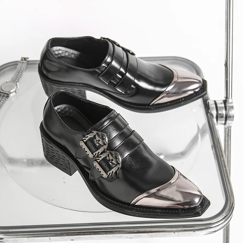 Men Punk-style Loafers Black Patent Leather Gold-covered Front Double-button Shoes Gothic Pointed-toe Business Party Shoes Men