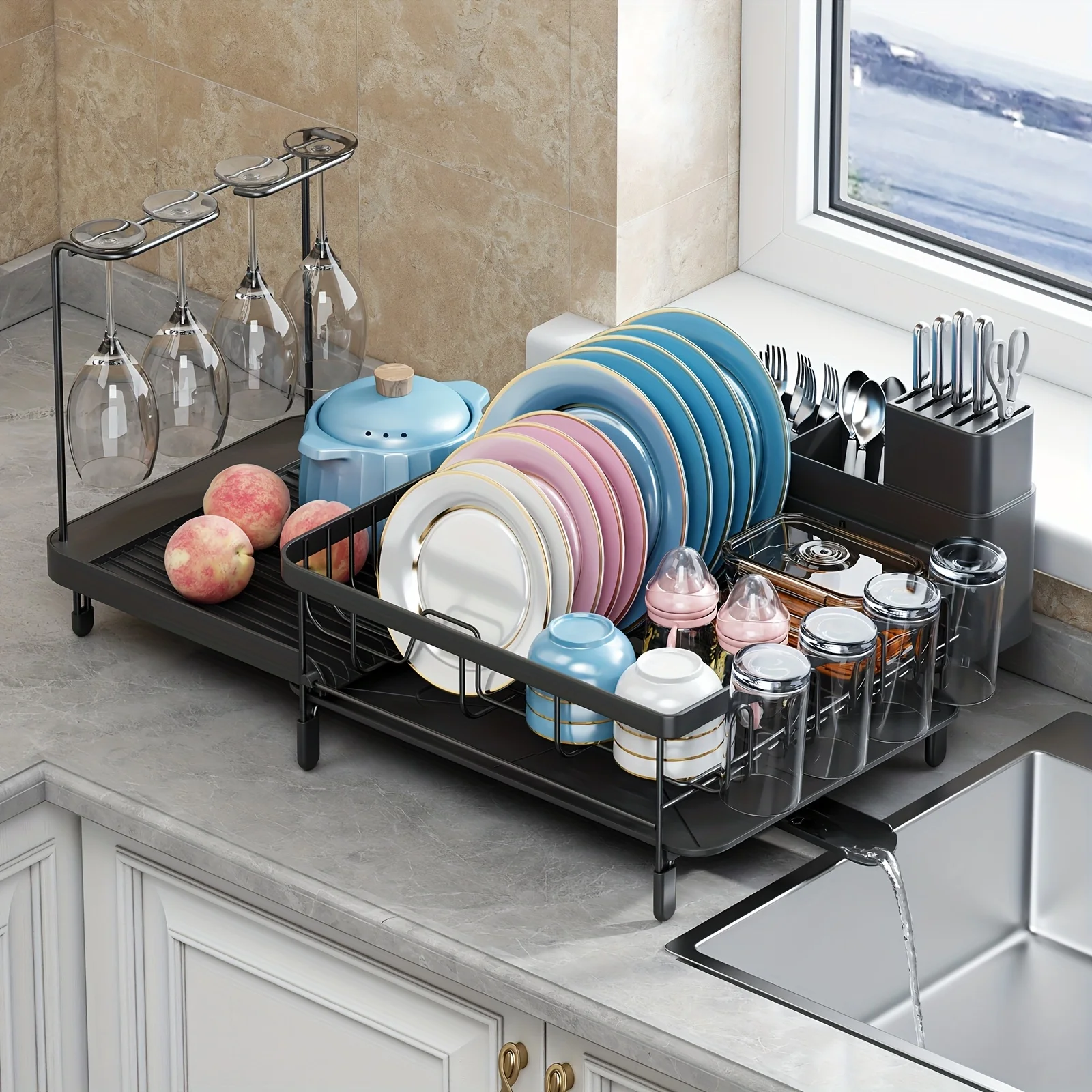 

Kitchen Counter Supplies And Equipment for Food Service, Featuring a Large Extendable Dish Rack Complete with Holders for Cups And Cutlery, Ideal for Drying Dishes And Essential for Restaurants And Commercial Kitchens