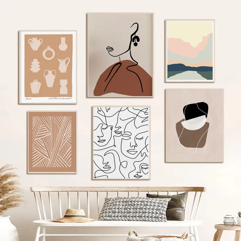Póster de arte abstracto minimalista, paisaje de rostro femenino minimalista moderno escandinavo, línea geométrica, decoración