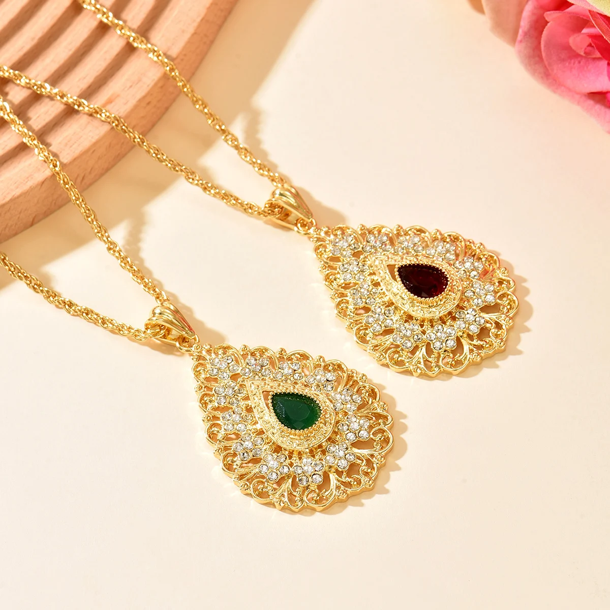 Women Elegant Rhinestone Border Teardrop Gem Necklace Retro Pendant For Holiday Gift Photoshoot