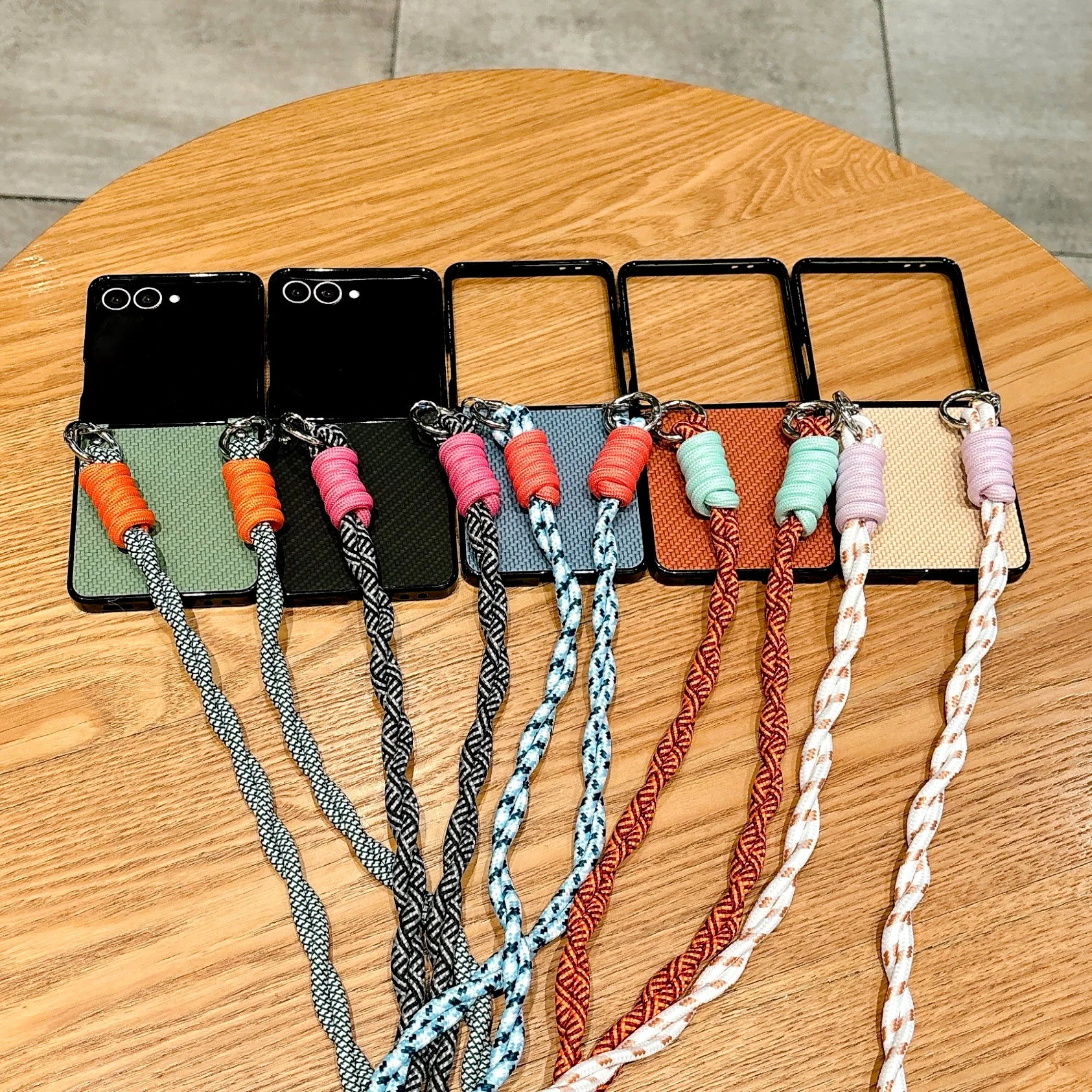 الغطاء الخلفي لسامسونج غالاكسي Z فليب 7 6 5 4 3 مع أشرطة الحبل الطويلة حبل الخيزران حصيرة بولي Leather الجلود الصلب PC للصدمات