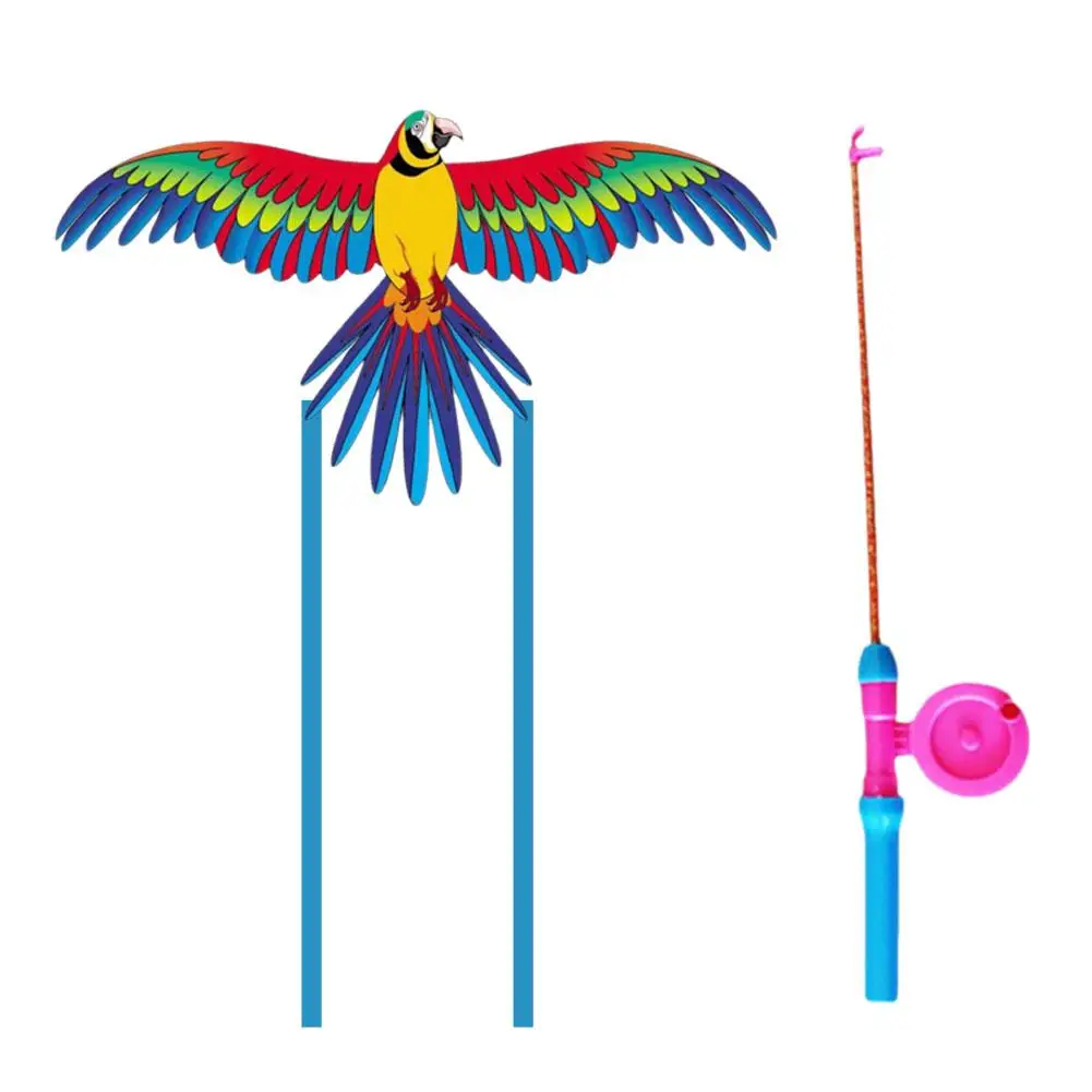 Cartoon Children Kite Flying Toys + 50cm Hand Brake Fishing Rod Line Large Parrot Eagle Butterfly Swallow Goldfish Kite For M7F1