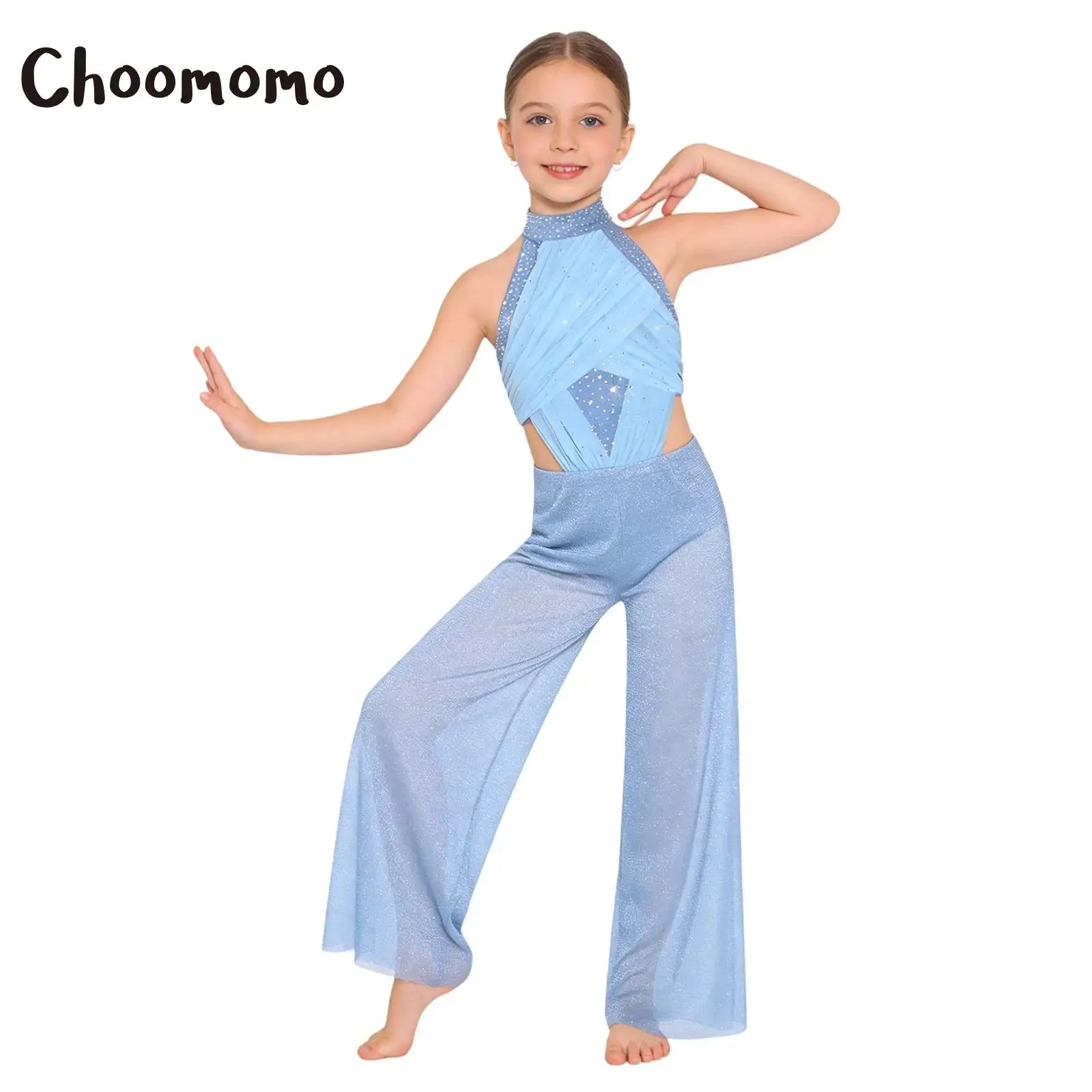 

Kids Girls Shimmery Dance Jumpsuit Halter Ruched Mesh Ballet Lyrical Dance Performance Unitards Rhinestones Wide-Leg Bodysuit