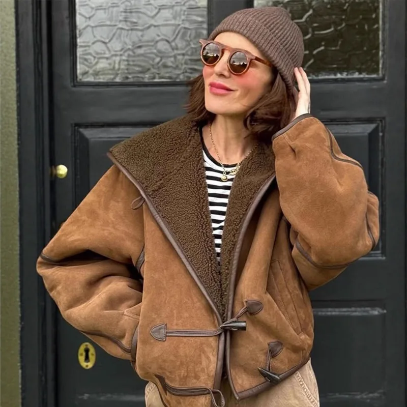 

Осенне-зимняя мода High Street, новое меховое интегрированное пальто, женская свободная короткая куртка с капюшоном в стиле ретро из овечьей шерсти, женская одежда