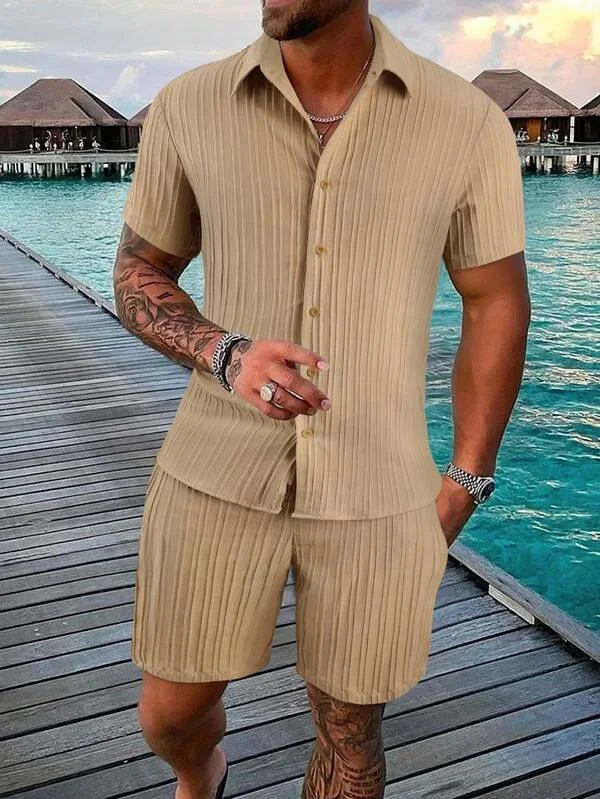 Men 2Pcs Sets Summer 3D Print Casual Solid Color Stripe Suit Shirt Beach Button Shorts Streetwear Shirt Holiday Two Piece Suit