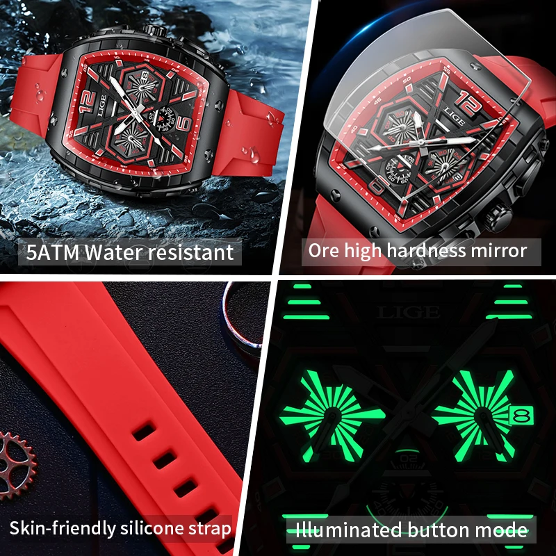 LIGE Top Brand Luxury Watches Mens Sports Waterproof Silicone Quartz Chronograph Watch for Men Luminous Square Man Watch Clock