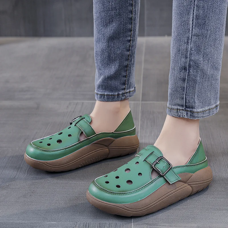 Women Buckle Shoes Round Head Solid Colour Sneakers Summer Hollow Comfortable Thick Bottom Sandals Zapatillas Plataforma Mujer