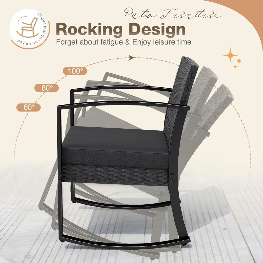 طقم أثاث خارجي مكون من 3 قطع كراسي هزازة للفناء بيسترو مع طاولة قهوة زجاجية لشاطئ حمام السباحة، مجموعة أثاث الحدائق #4