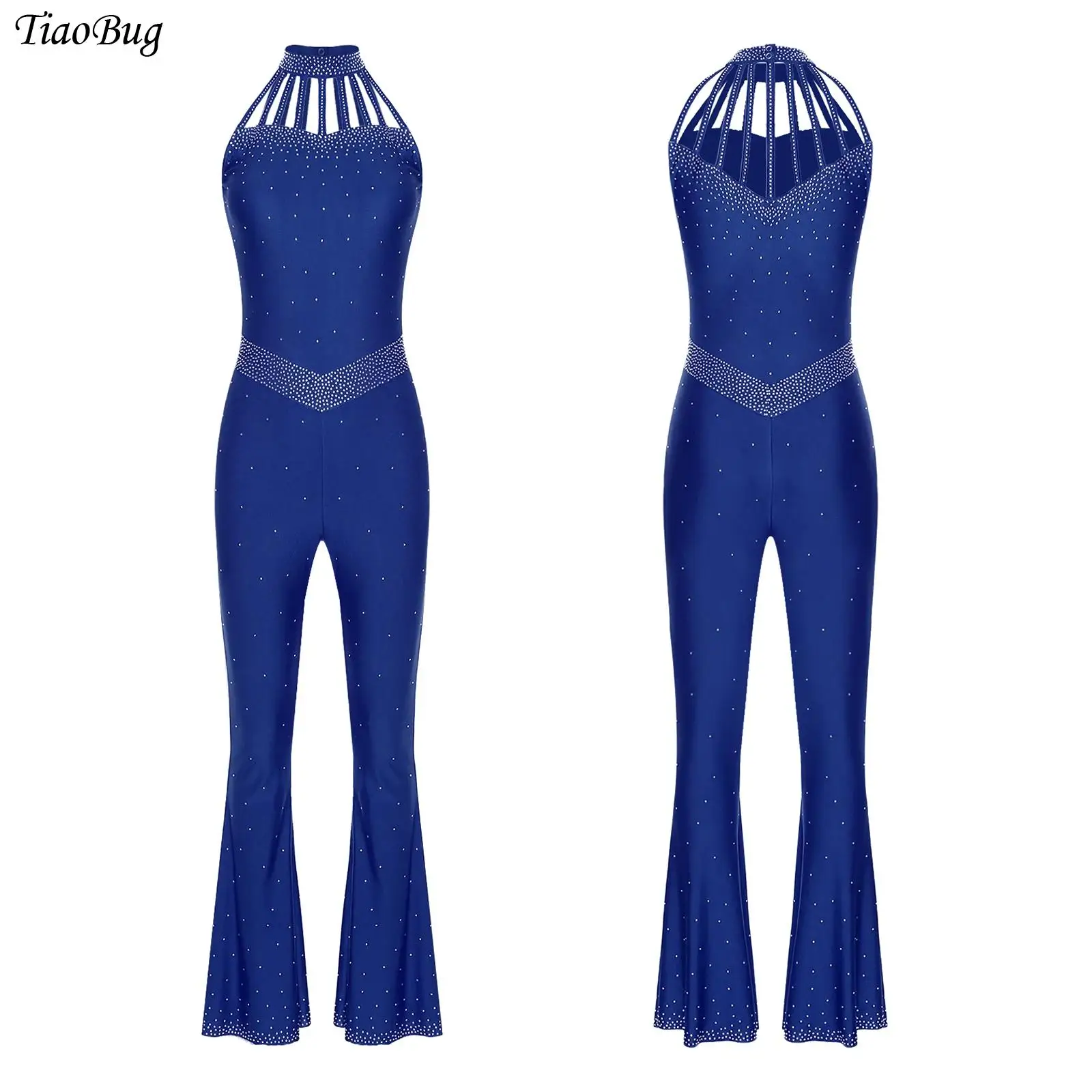 

Women Rhinestones Ballet Dance Gymnastics Leotard Jumpsuit Halter Neck Sleeveless Acrobatics Figure Skating Bell-Bottom Bodysuit