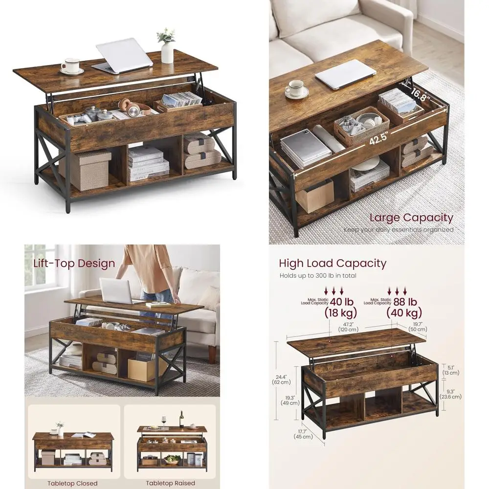 

Rustic Brown & Black Lift-Top Coffee Table with Storage, Hidden Compartments, 19.7x47.2x(19.3-24.4) for Living Room & Office
