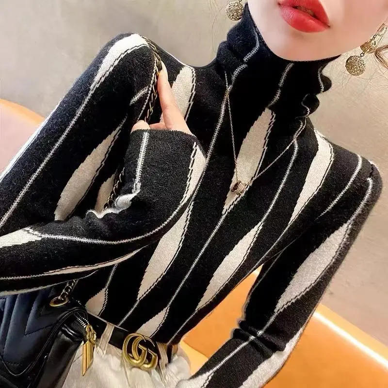 Clothes for Women Autumn Winter Korean Fashion Striped High Collar Knitted Sweaters Female Long Sleeve Slim Basic Pullover Tops