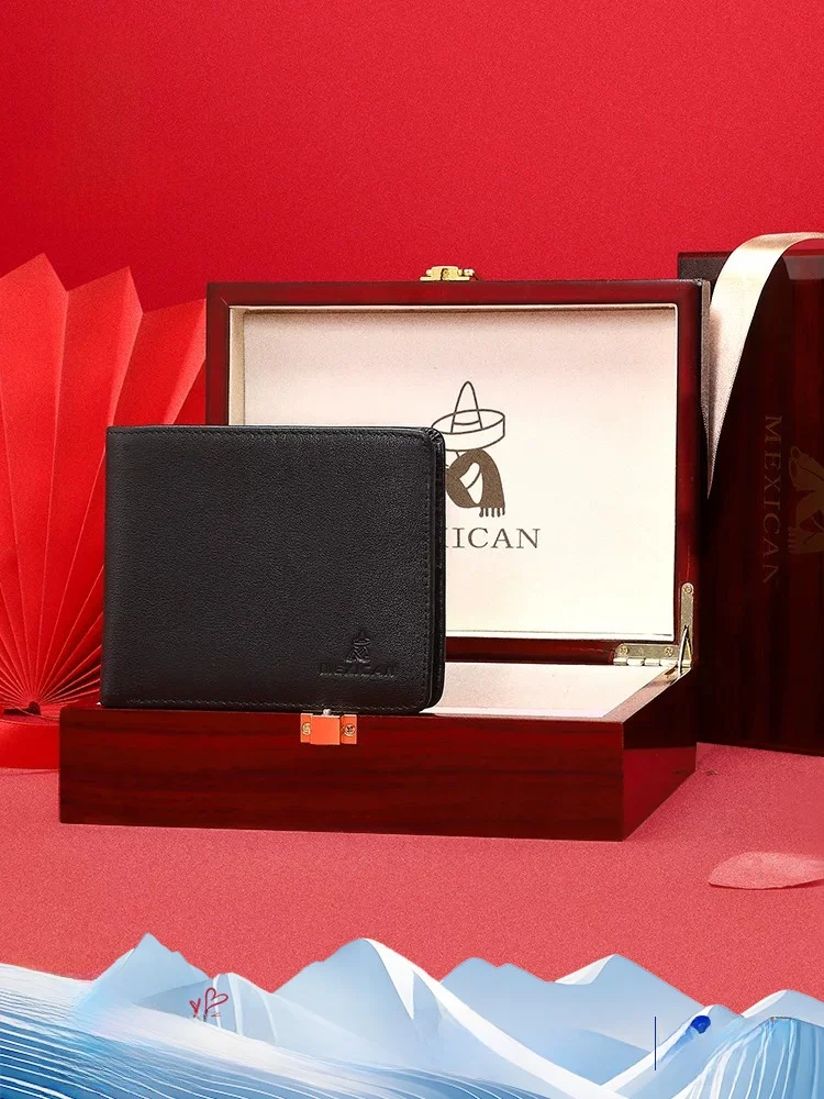 father's-day-gift-wooden-box-set-short-genuine-leather-wallet-men's-money-clip-cowhide-wallet-business-ol-style-horizontal